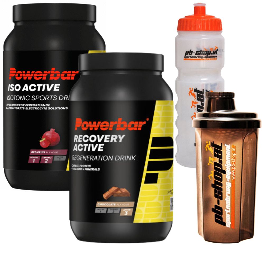 PowerBar Iso Active 1320g puszka + Recovery 1200g puszka w zestawie z butelką rowerową + shaker