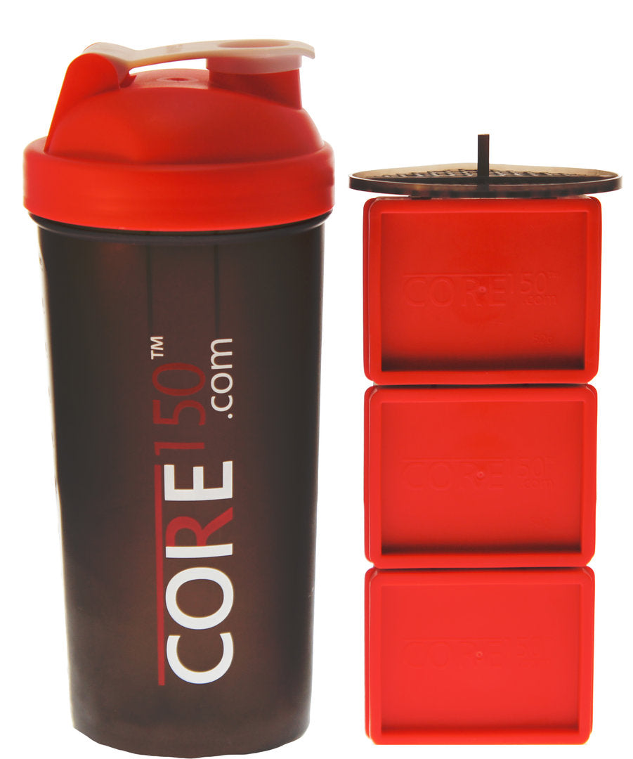 Core 150 1-litrowy shaker białkowy z 3 przegródkami na suplementy, czerwony