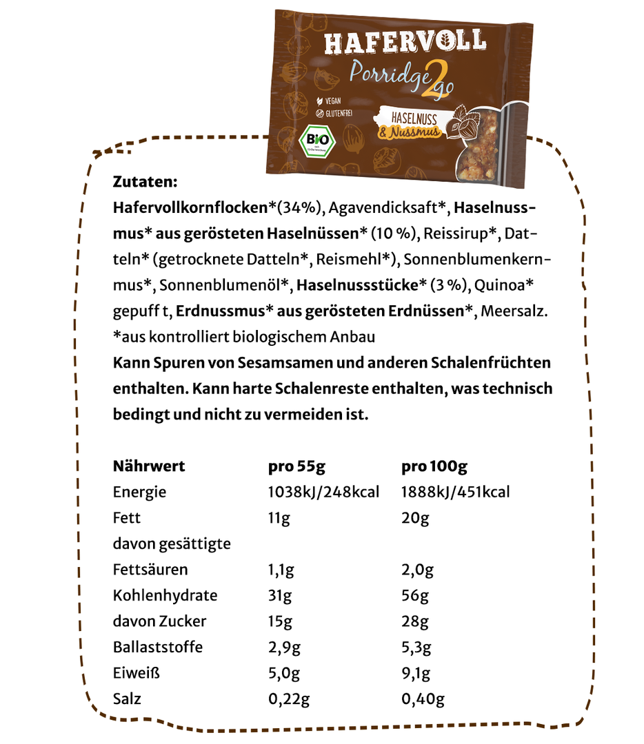 Hafervoll Porridge2go Wegański baton bio, zestaw 5 sztuk