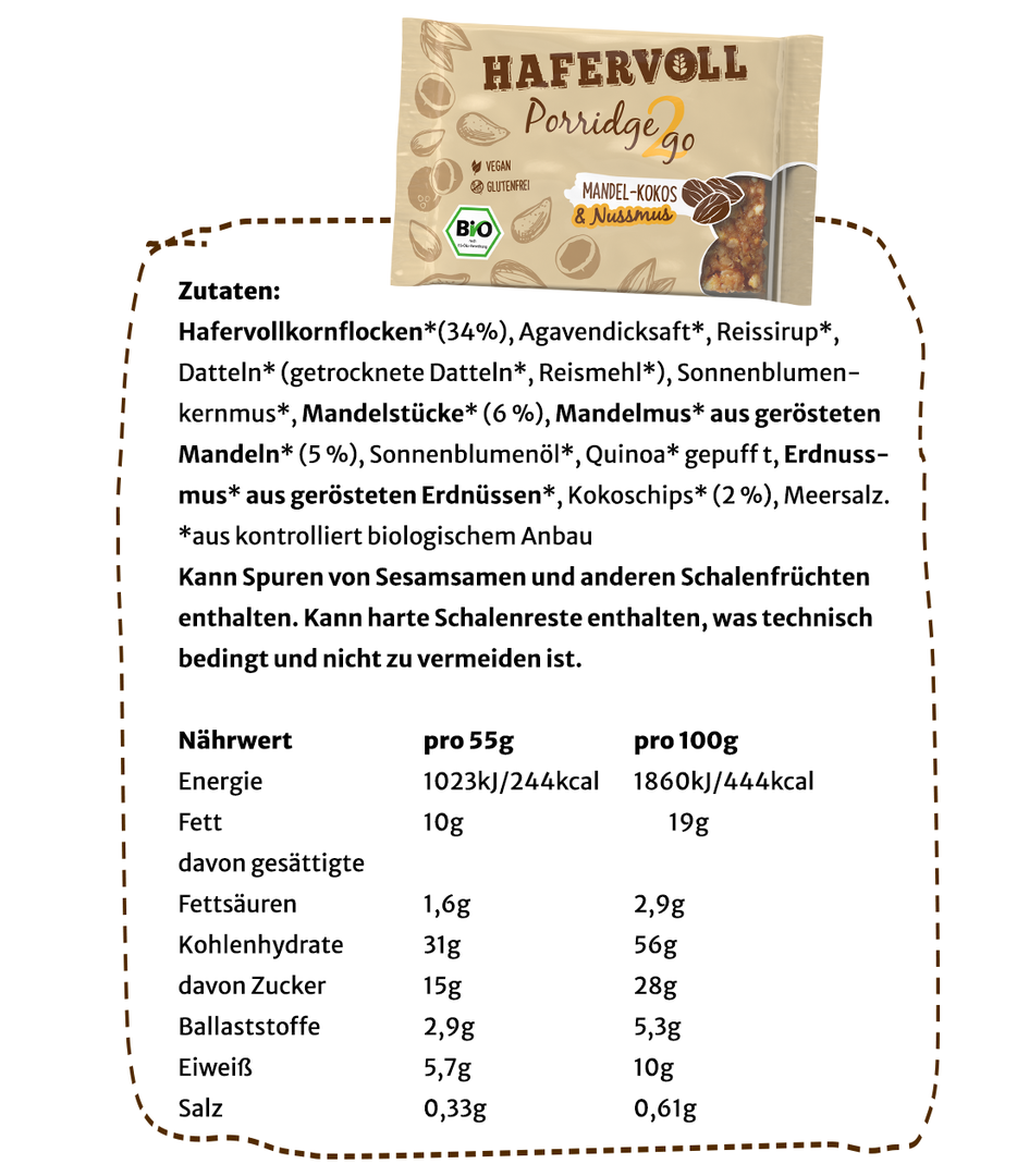 Hafervoll Porridge2go Wegański baton bio, zestaw 5 sztuk