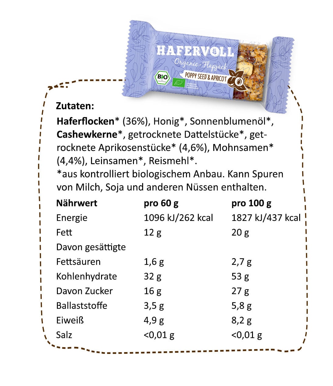 Hafervoll Organic Flapjack Riegel 18er Box Mohn-Aprikose MHD 10-2026