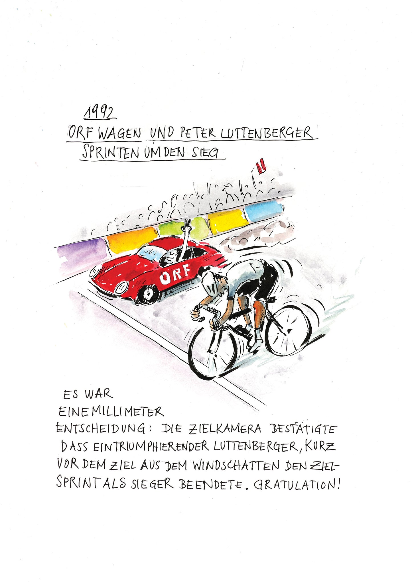 Karykatura Günthera „Penga” Mayera „Sprint po zwycięstwo” (Wyścig dookoła Austrii)